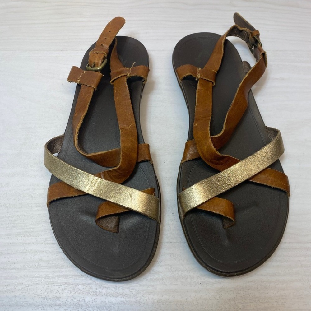 Olukai Womens 8 Upena Strappy Sandals Leather Gladiator Brown Gold Casual Summer